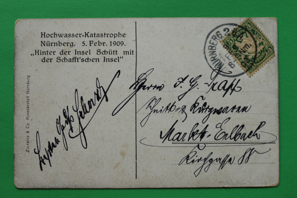 AK Nürnberg / 5. Februar 1909 / Hinter Insel Schütt / Schafft-schen insel / Hochwasser Katastrophe